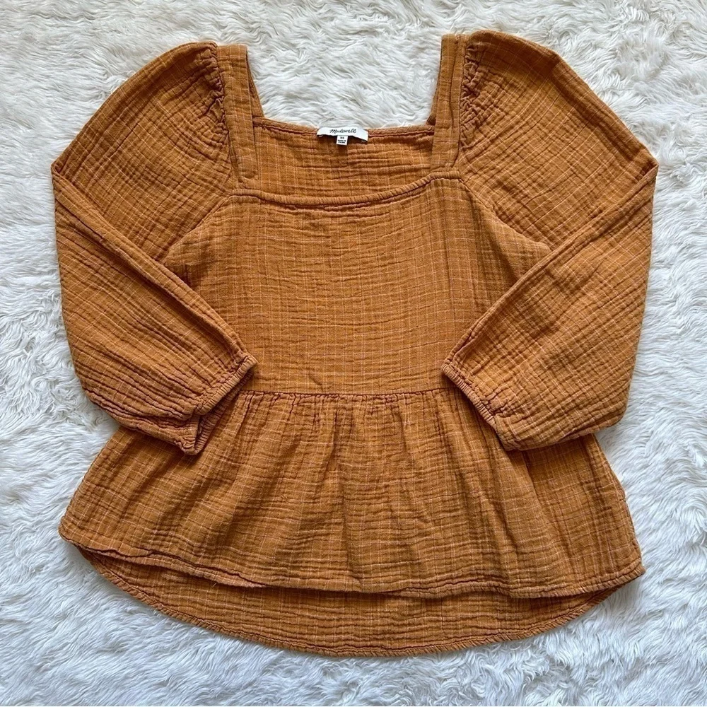 Madewell Blouse Lightspun Millbrook Puff-Sleeve Peplum Top in Windowpane XS
